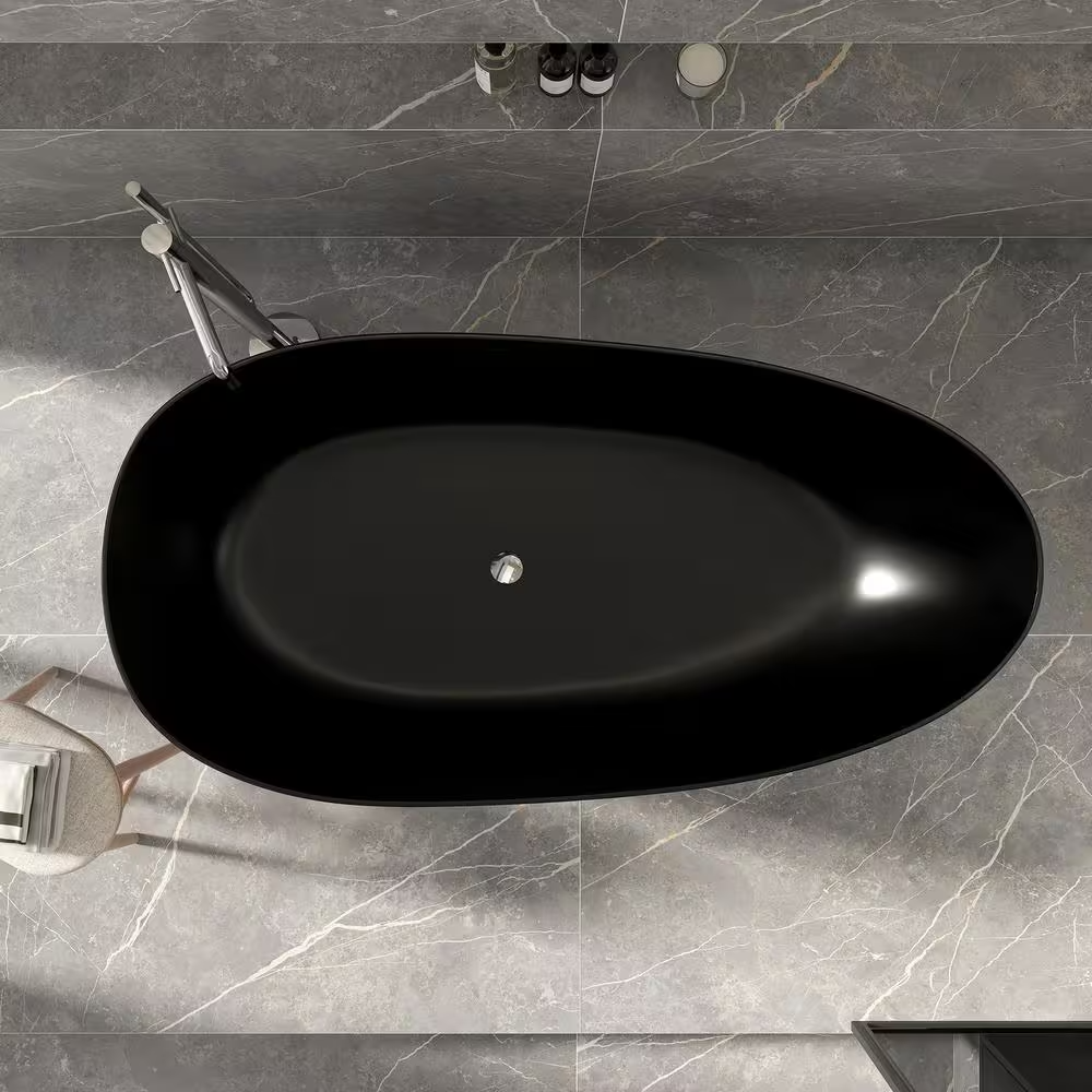 Lasaideal 67'' Stone Resin Solid Surface Matte Flatbottom Black Freestanding Soaking Bathtub