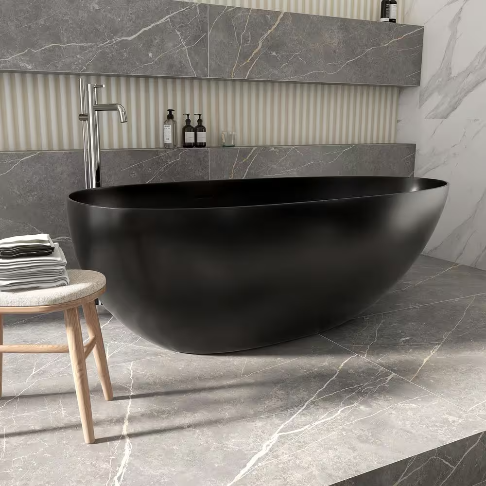 Lasaideal 67'' Stone Resin Solid Surface Matte Flatbottom Black Freestanding Soaking Bathtub