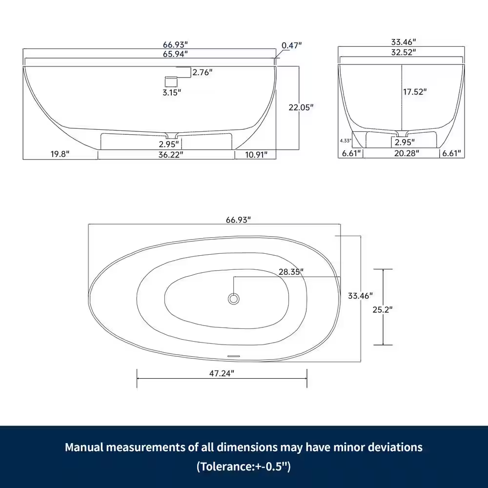 Lasaideal 67'' Stone Resin Solid Surface Matte Flatbottom Black Freestanding Soaking Bathtub