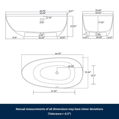 Lasaideal 67'' Stone Resin Solid Surface Matte Flatbottom Black Freestanding Soaking Bathtub