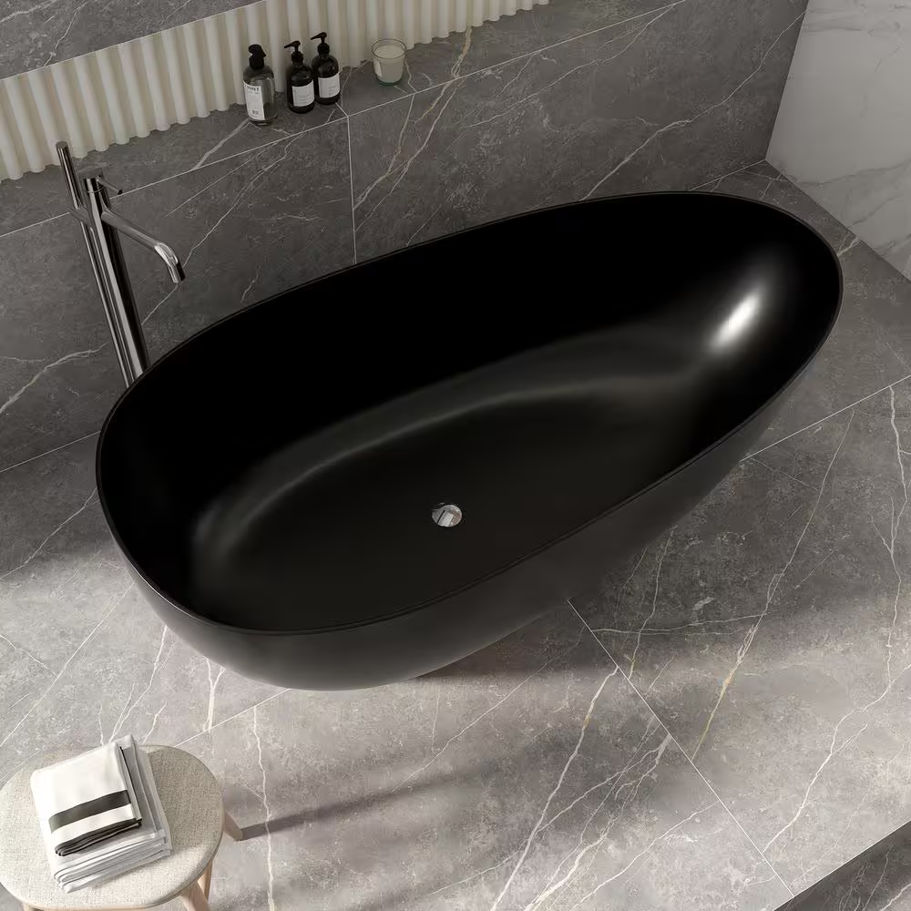 Lasaideal 67'' Stone Resin Solid Surface Matte Flatbottom Black Freestanding Soaking Bathtub