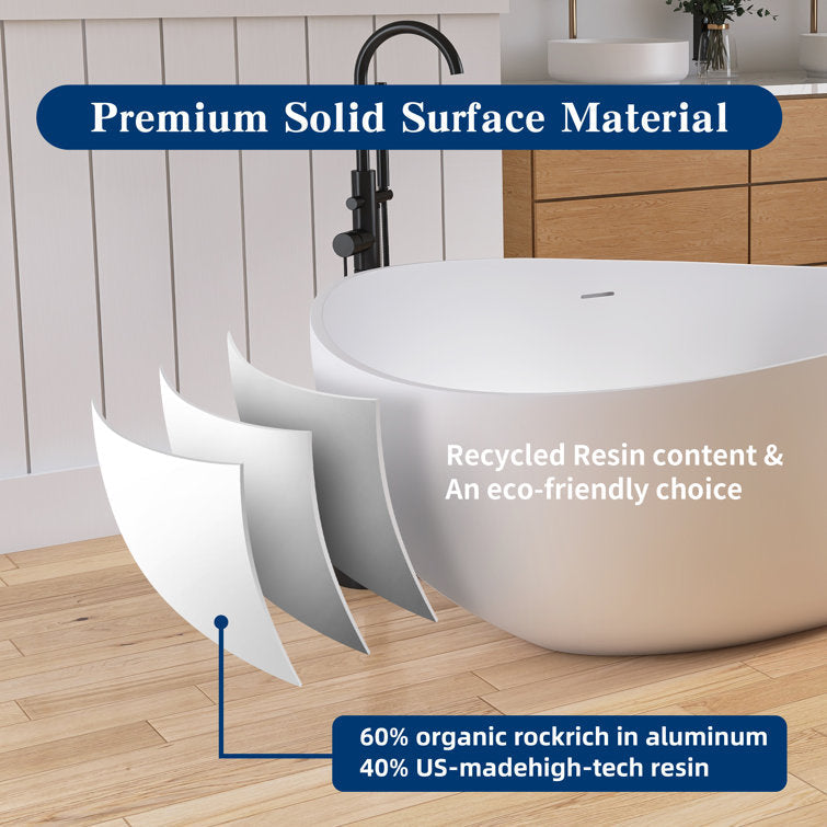 Lasaideal 63" Wavy Freestanding Tub Solid Surface Freestadning Stone Resin Soaking Bathtub