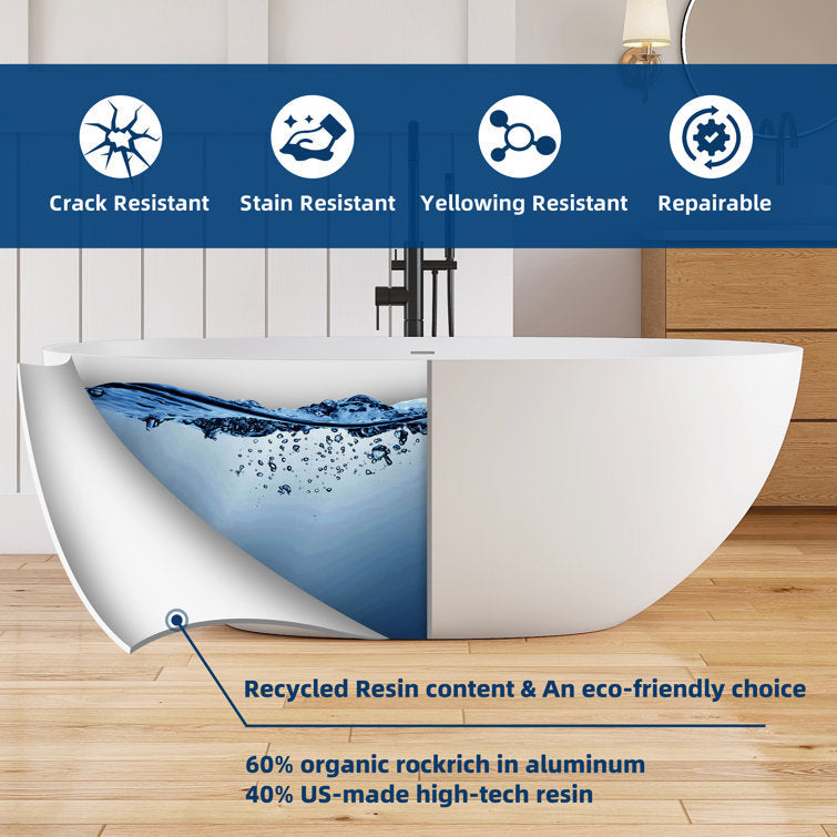 Lasaideal 61'' Freestanding Tub Solid Surface Stone Resin Free Standing Soaking Bathtub