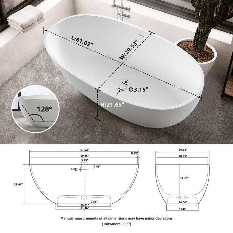 Lasaideal 61'' Freestanding Tub Solid Surface Stone Resin Free Standing Soaking Bathtub