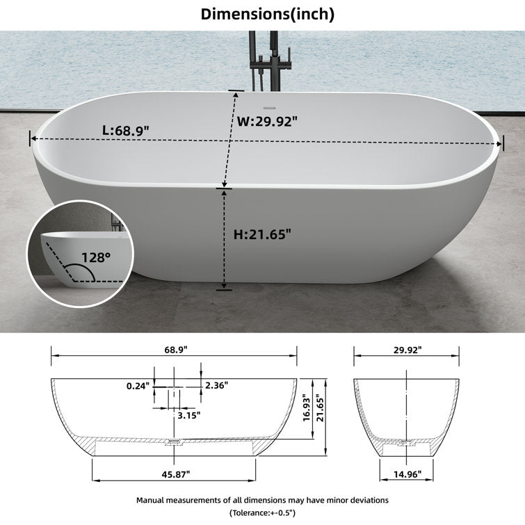 Lasaideal 69" Freestanding Soaking Bathtub Solid Surface Stone Resin Soaking Tubs