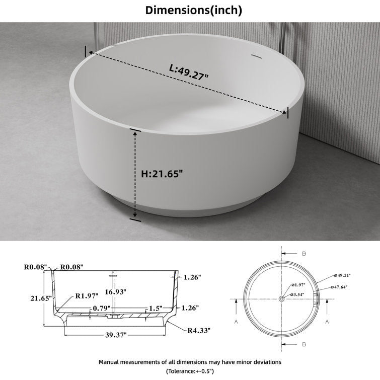 Lasaideal 49" Eco-Friendly Round Resin Stone Bathtub（Pickup in Store）